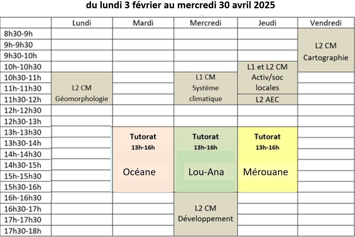 du lundi 3 février au mercredi 30 avril 2025 - tutorat du mardi au jeudi 13h-16h
