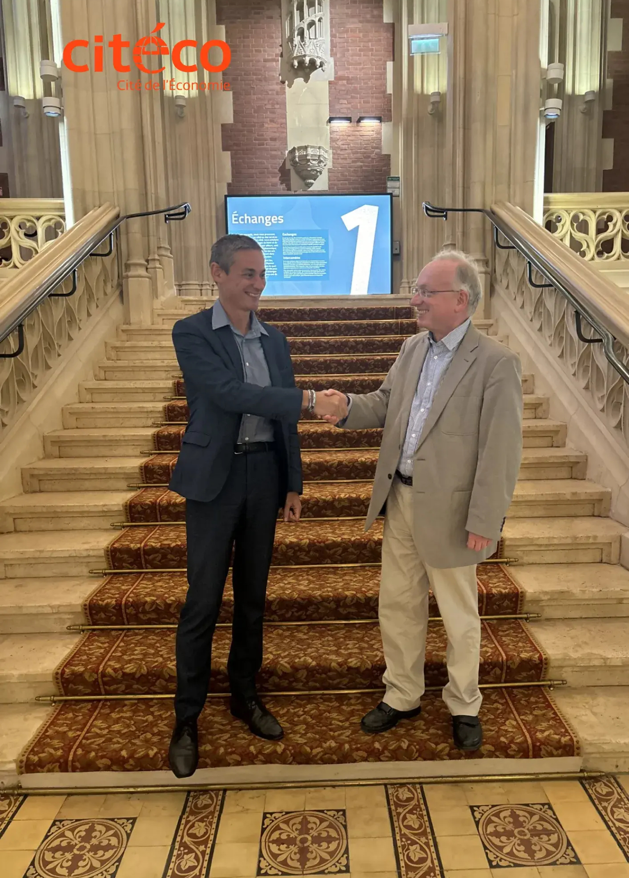 Photo of Professor Wigniolle and rep from Citéco launching the partnership between the EES and Citéco in 2024.