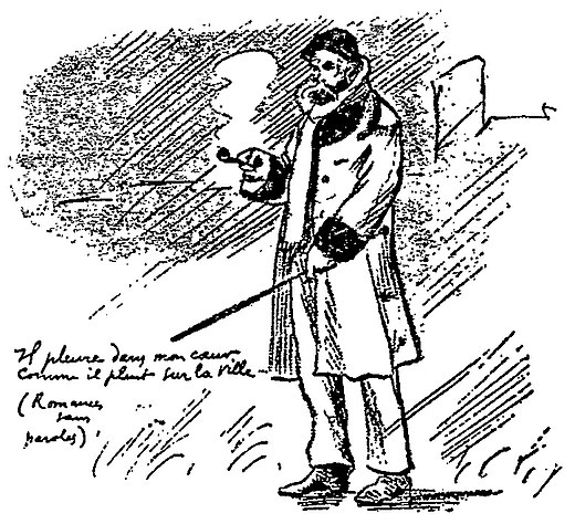 Portrait de Verlaine avec incipit : Il pleure dans mon cœur comme il pleut sur la ville.